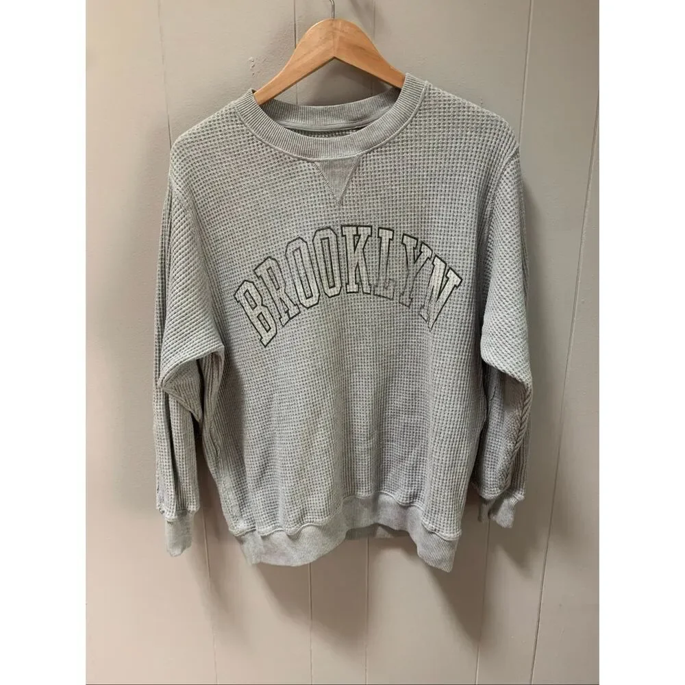 AERIE Brooklyn Graphic Gray Waffle Knit Oversized Crewneck Sweater Small